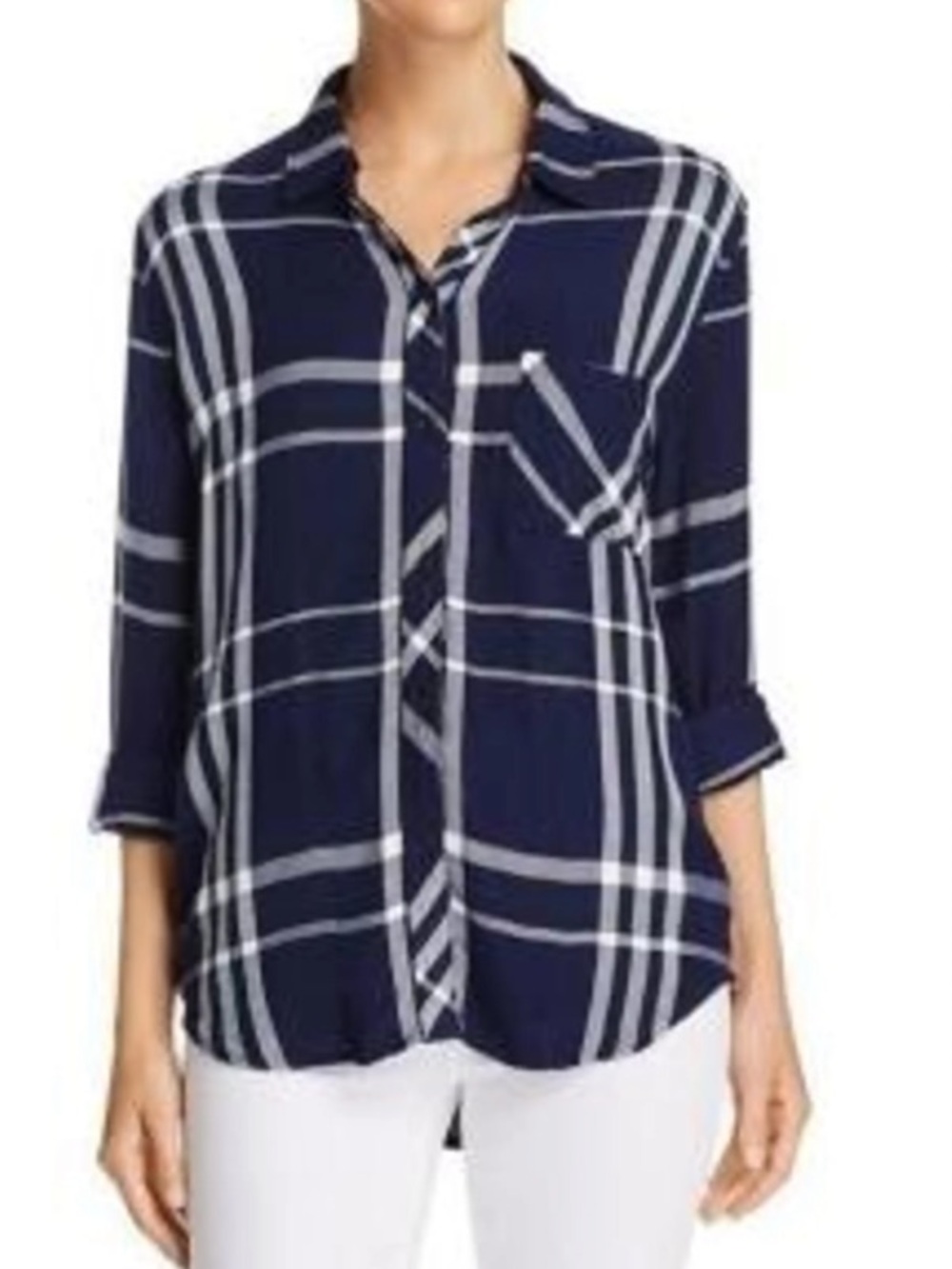 Rails Linen/Rayon Navy and White Plaid Women's Button-Up Shirt Small